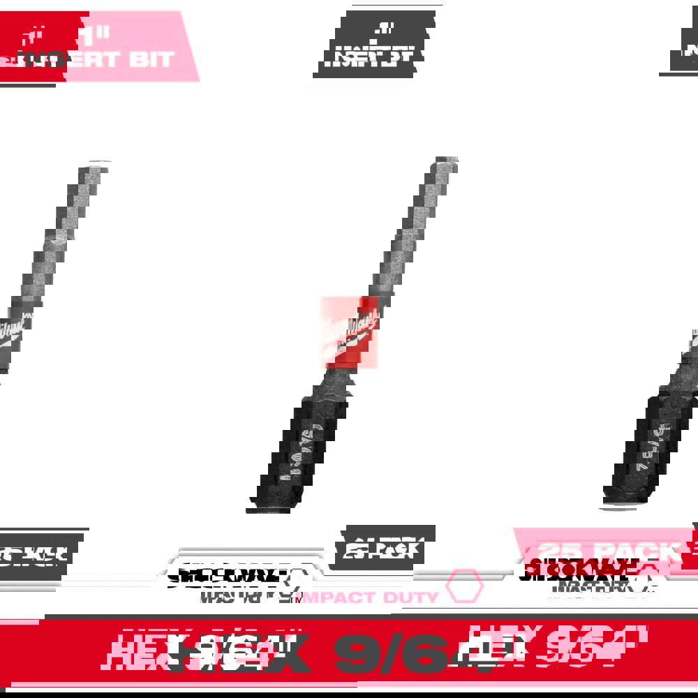 Hex Screwdriver Bits; Ball End: No ; Measurement Type: SAE ; Drive Size: 1/4in (Inch); Hex Size (Inch): 9/64 ; Overall Length (Inch): 1
